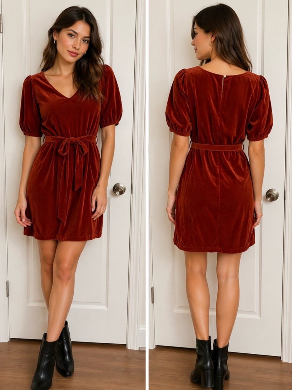 LOFT Rust Corduroy Tie-Waist Midi Dress with Puff Sleeves